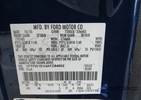 2010 Ford F-150 Fx4/Harley-Davidson/King Ranch/Lariat/Platinum/Xl/Xlt z USA, uszkodzony, nr VIN 1FTFW1EV4AFD84902